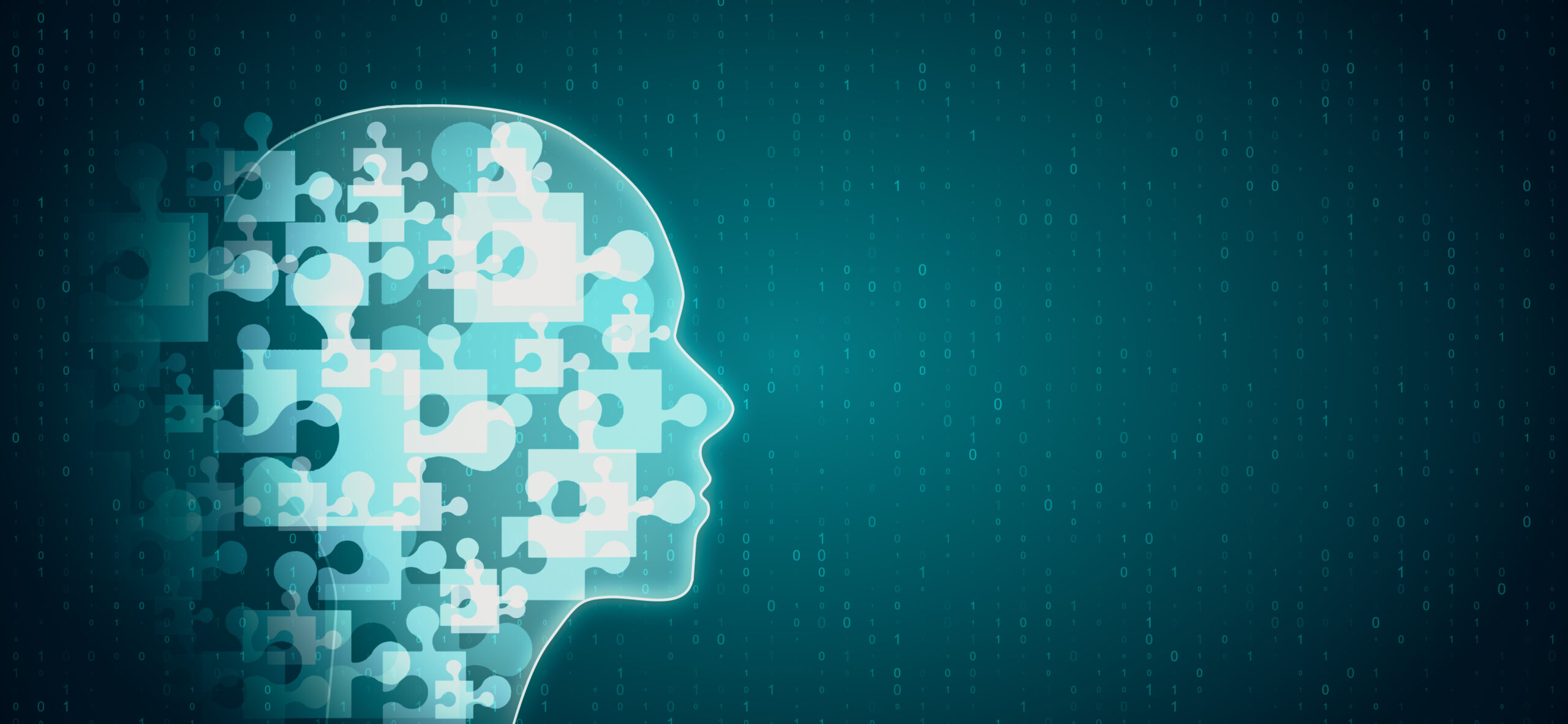 Abstract glowing jigsaw head on blue background. Teamwork and ai concept. 3D Rendering